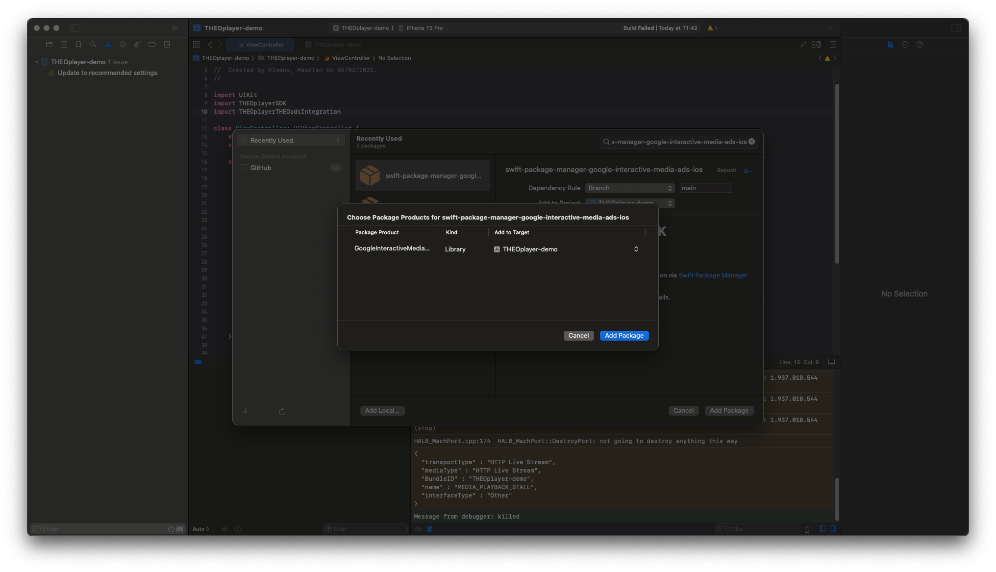 Screenshot of SwiftPM  product selection