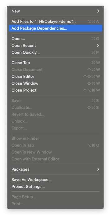 Screenshot of Xcode file menu