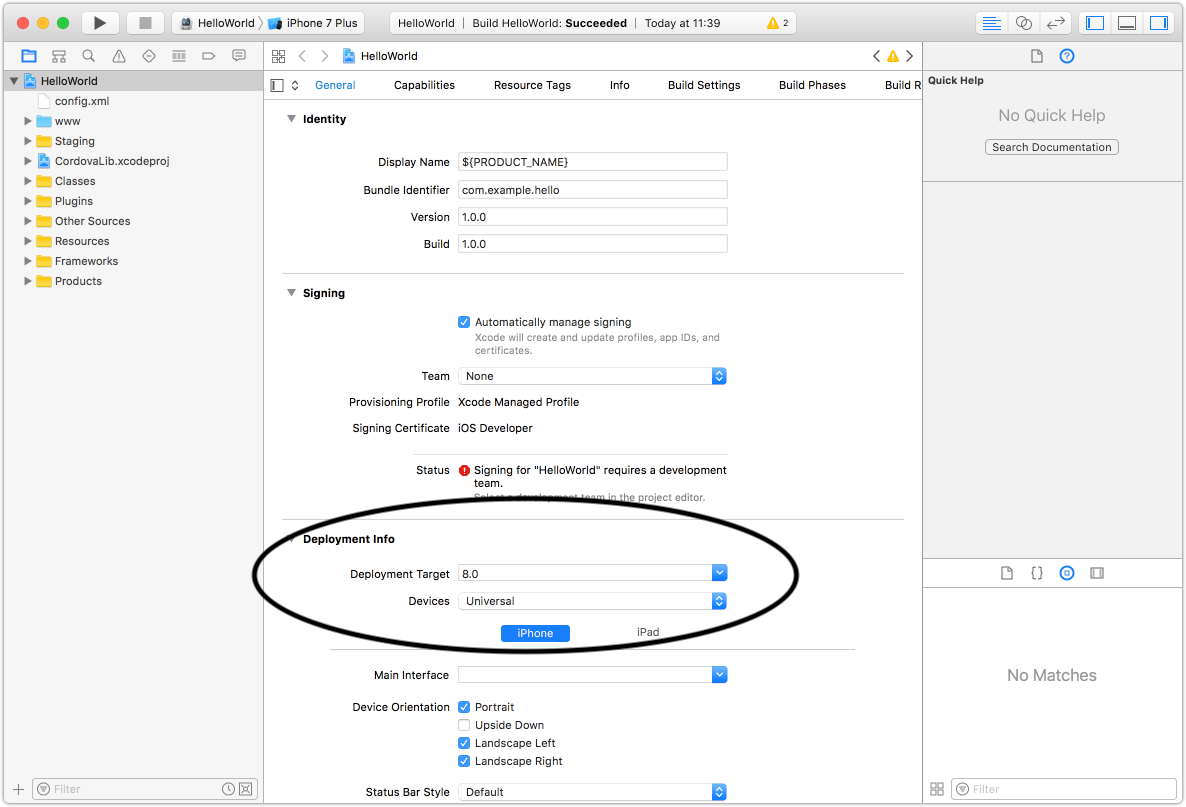 Screenshot of Xcode project settings